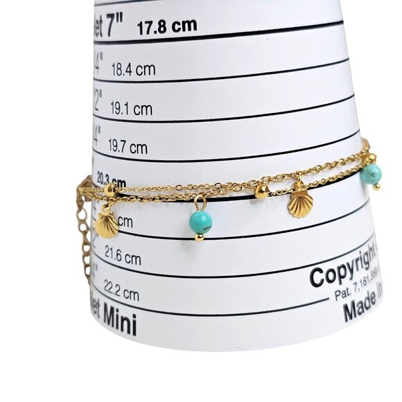 Bohemian Ankle Bracelet Shell‎ Charms & Turquoise Beads Gold-Toned S. Steel - Picture 6 of 7